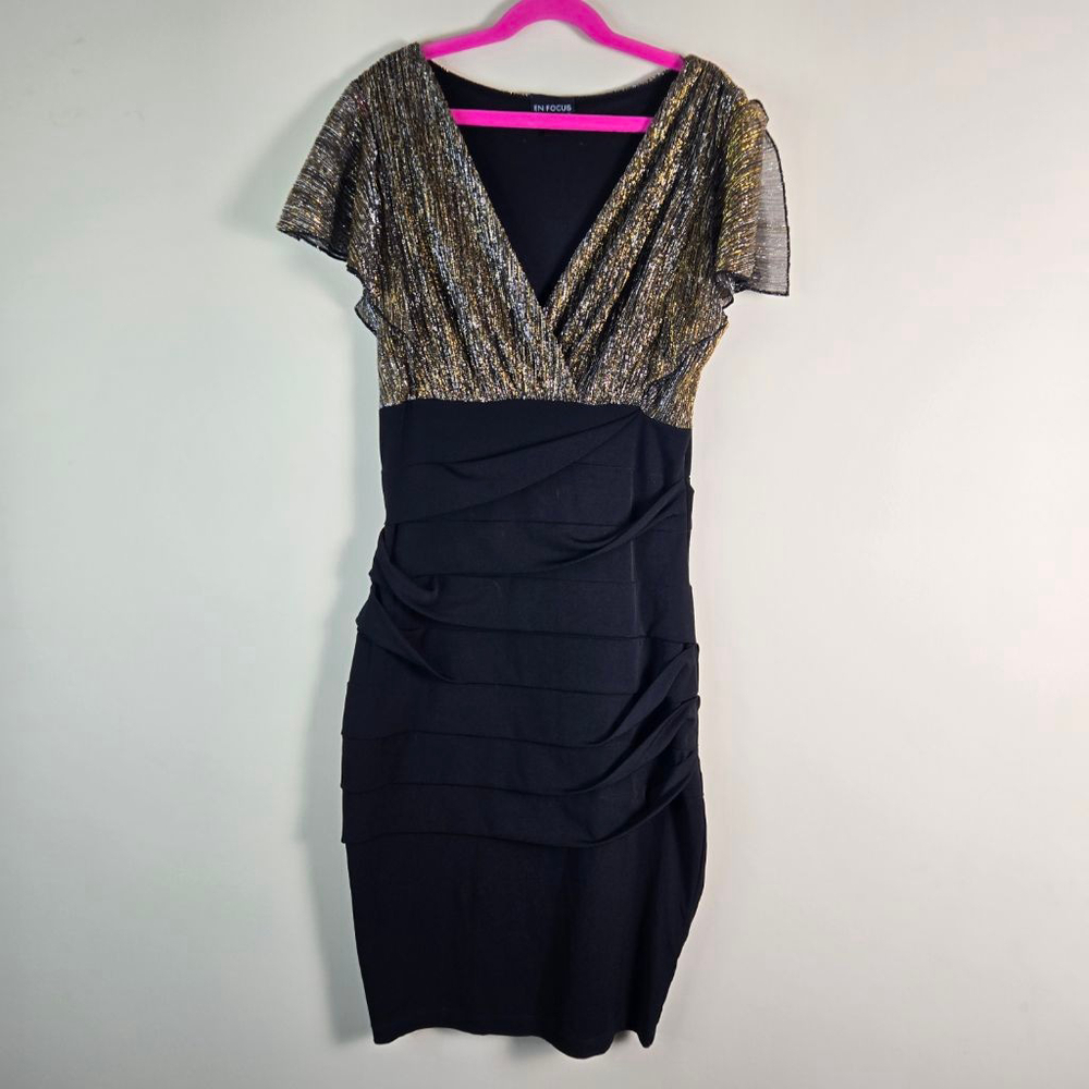 Women's EN FOCUS STUDIO Black Gold Ruched Dress Size 4